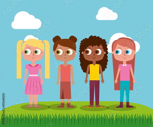 group girl teenager character standing in field vector illustration