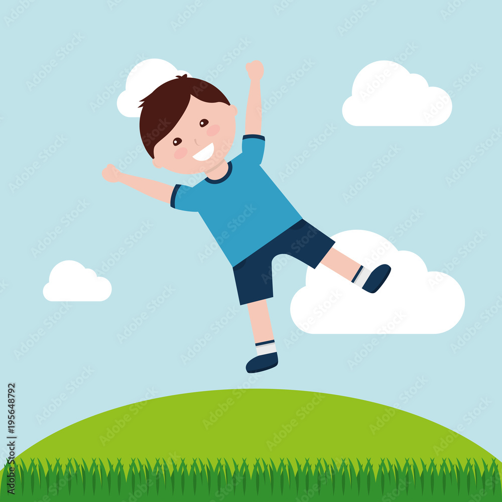funny little boy jumping in filed landscape vector illustration funny little boy jumping in filed landscape vector illustration