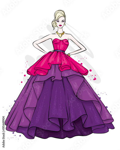 A tall, slender girl in a beautiful evening dress. Fashion & Style. Vector illustration.