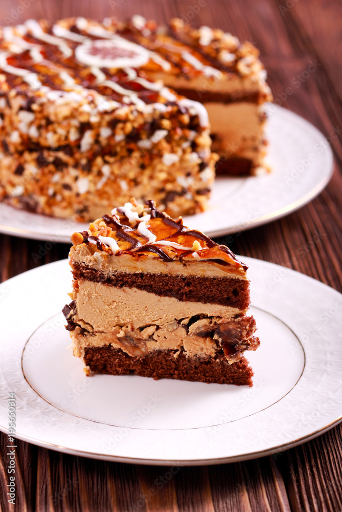 Caramel and nut layered cake, sliced