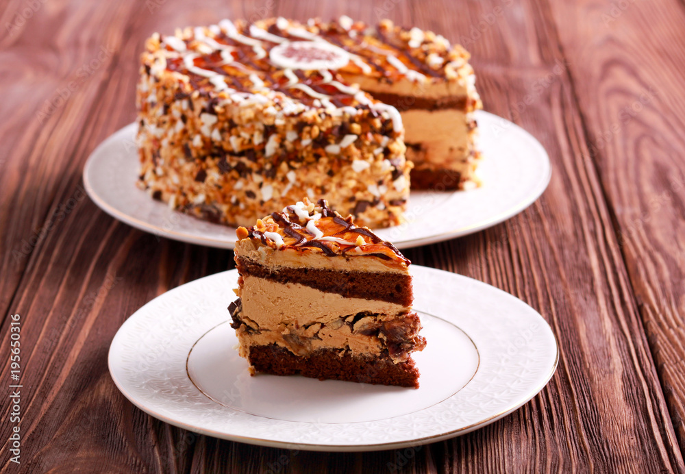 Caramel and nut layered cake, sliced