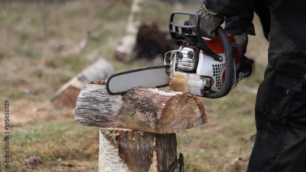 cinemagraph, seamless loop - gardener cuts a tree trunk using a petrol saw cinemagraph, seamless loop - gardener cuts a tree trunk using a petrol saw
