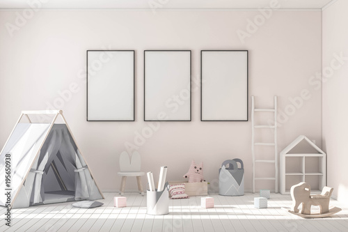 Fototapeta Makieta trzy plakaty w pokoju dziecka renderowania 3d