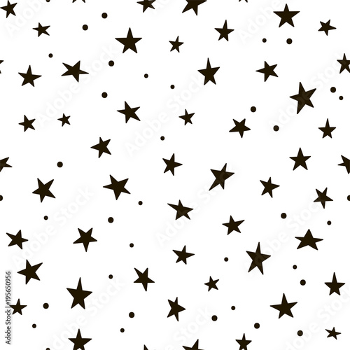 Seamless pattern with black stars and polka dots. Vector.