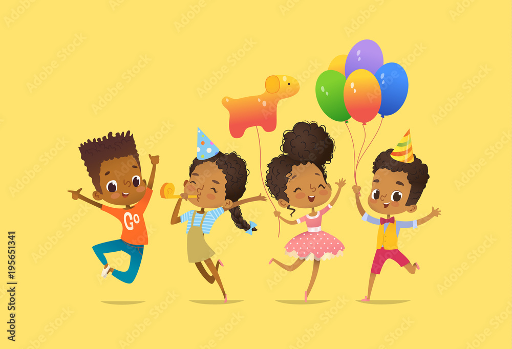 Joyous African-American boys and girls with the balloons and birthday ...