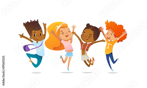 Joyous school friends happily jumping with their hands up against purple background. Concept of true friendship and friendly meeting. Vector illustration for website banner, poster, flyer, invitation.