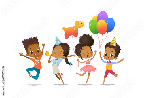 Group of African-American happy boys and girls with the balloons and birthday hats happily jumping with their hands up. Birthday party vector illustration for website banner, poster, flyer, invitation