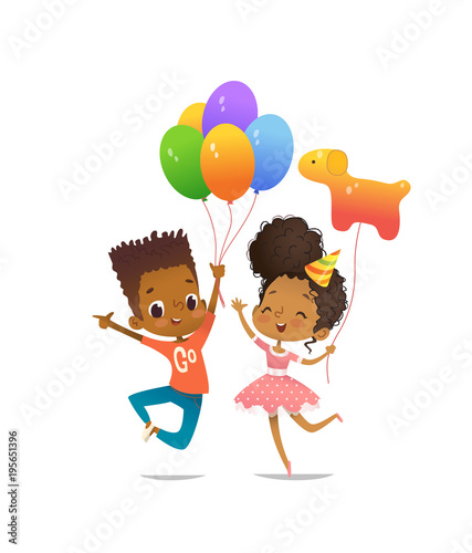 Joyous African-American boy and girl with the balloons and birthday hat happily jumping with their hands up. Vector illustration for birthday party flyer, website banner, poster, invitation. Isolated.