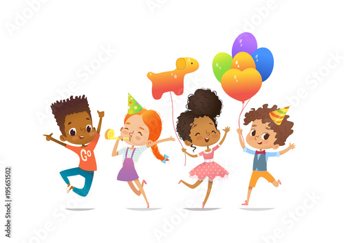 Excited multiracial boys and girls with the balloons and birthday hats happily jumping with their hands up. Birthday party Vector illustration for website banner, poster, flyer, invitation. Isolated.