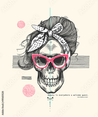Women's skeleton skull in pop art style wearing cool sunglasses with fashionable hairstyle and scarf against abstract background. Vector illustration can be used as t-shirt print, poster, postcard etc