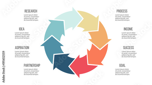 Business infographics. Circle with 8 parts, arrows. Vector template.