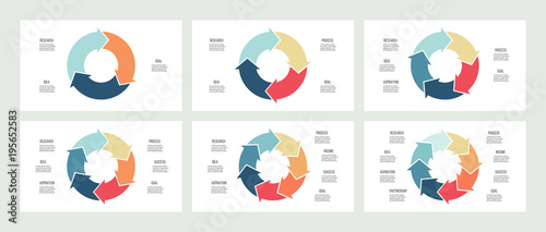 Business infographics. Circles with 3, 4, 5, 6, 7, 8 steps, arrows. Vector templates.