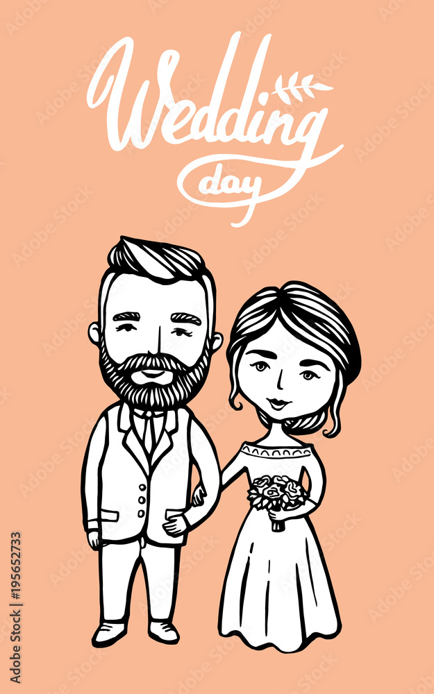 Fototapeta premium Wedding couple cards. Hipster groom with mustache, beard with bride. Doodle. Vector Illustration Hand drawn cartoon character. Wedding of Bearded man and beautiful woman.