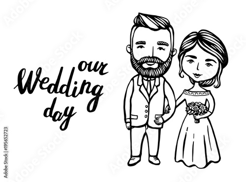 Wedding couple cards. Hipster groom with mustache, beard with bride. Doodle. Vector Illustration Hand drawn cartoon character. Wedding of Bearded man and beautiful woman.