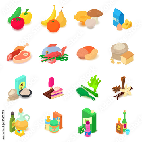 Shop navigation foods icons set, isometric style