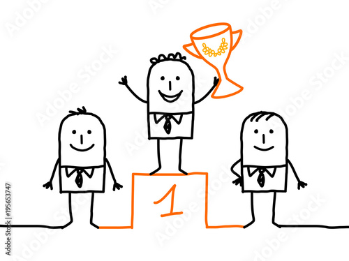 Cartoon Winner Man on Podium with Cup
