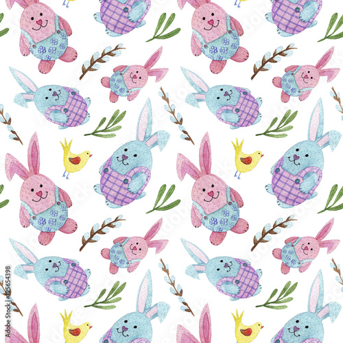 watercolor Easter pattern with rabbits, eggs, flowers and willow