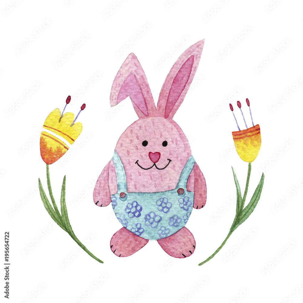 watercolor Easter Bunny girl with flowers. Like an egg