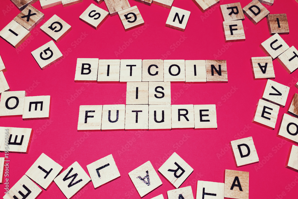Wooden blocks on a red background spelling words Bitcoin is Future Wooden blocks on a red background spelling words Bitcoin is Future