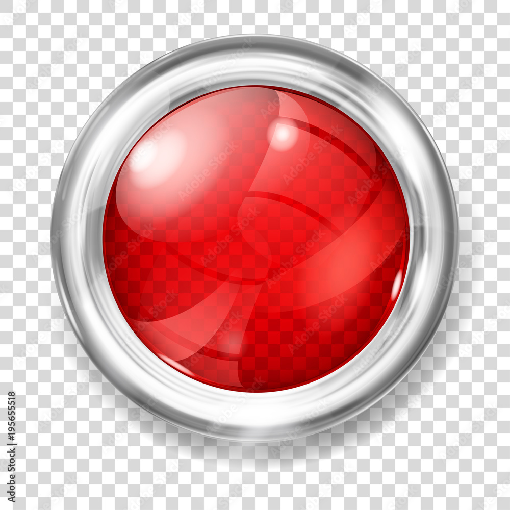 Big red transparent glass button with silver metallic border