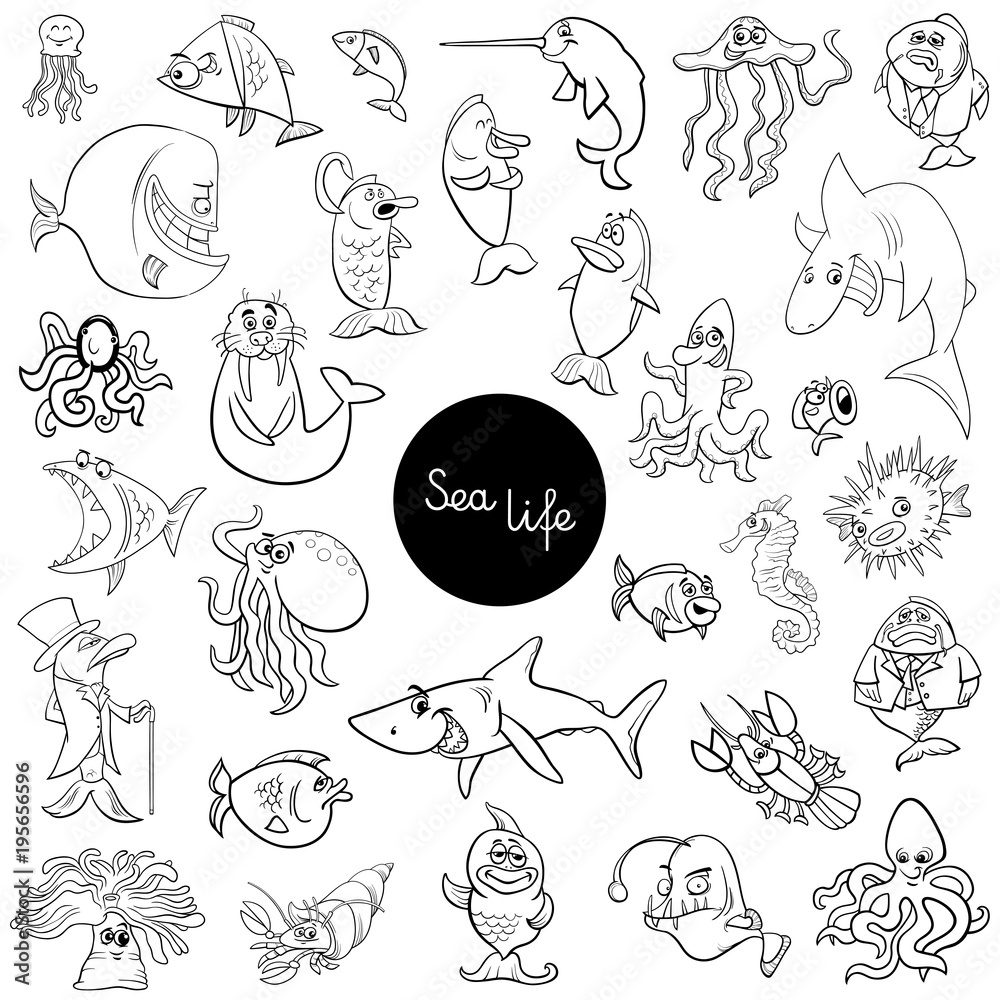 cartoon sea life animal characters set color book