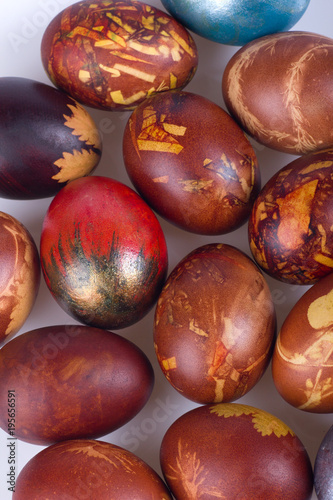 Easter eggs background. Artistically painted Easter eggs