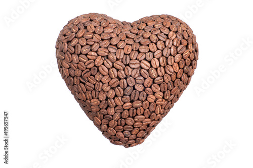 volumetric Heart made of coffee beans isolated on white background
