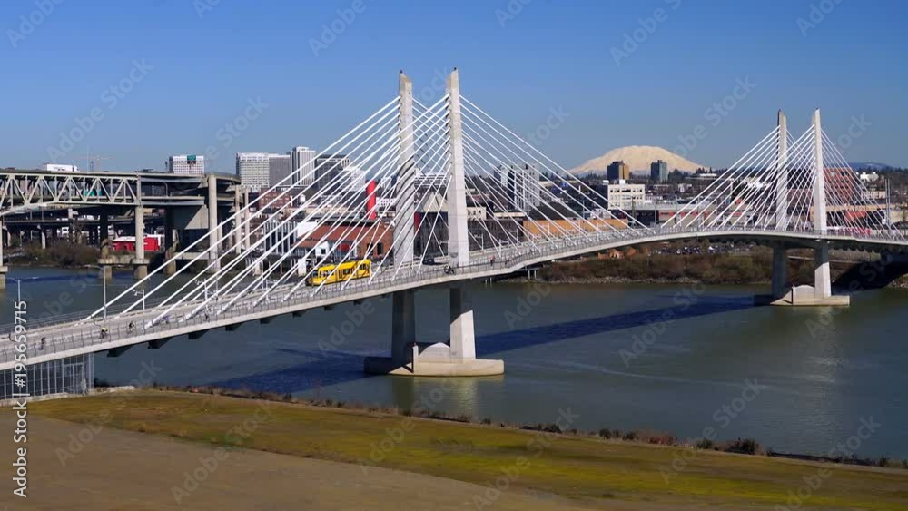 People Move Across Portland Bridge Willamette River Mount St Helens