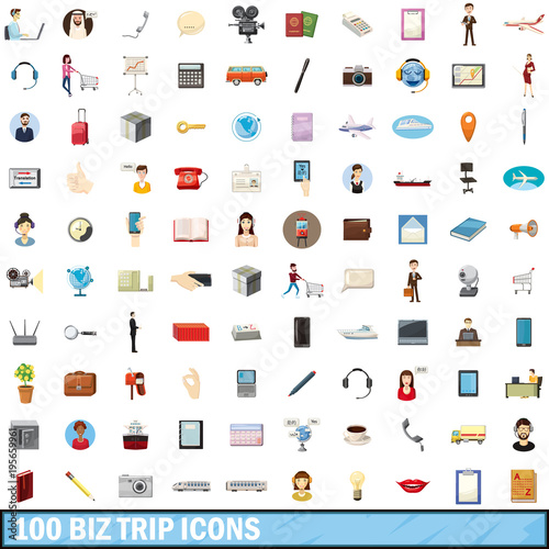 100 biz trip icons set, cartoon style