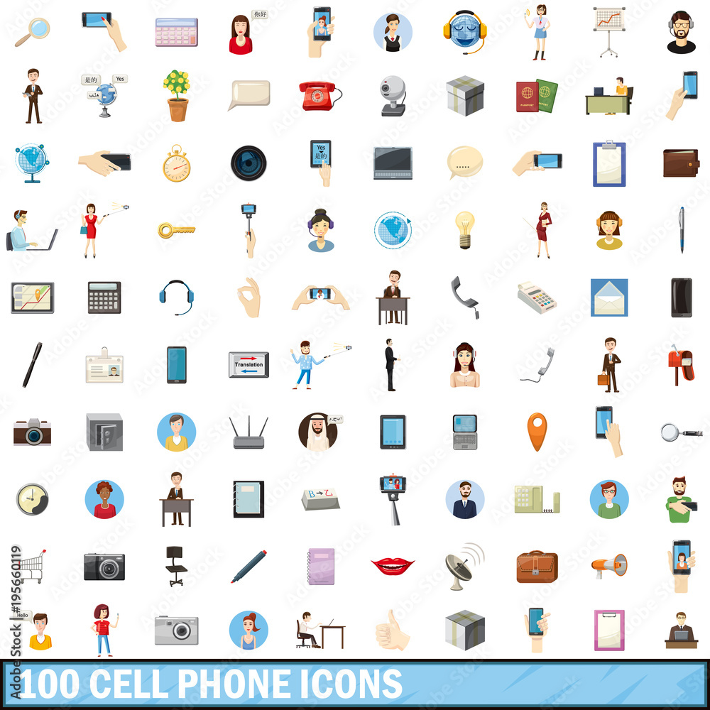 100 cell phone icons set, cartoon style 100 cell phone icons set, cartoon style