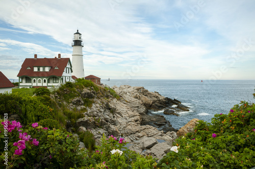 Portland Head Lighthouse Surrounded by Beach Roses in Maine