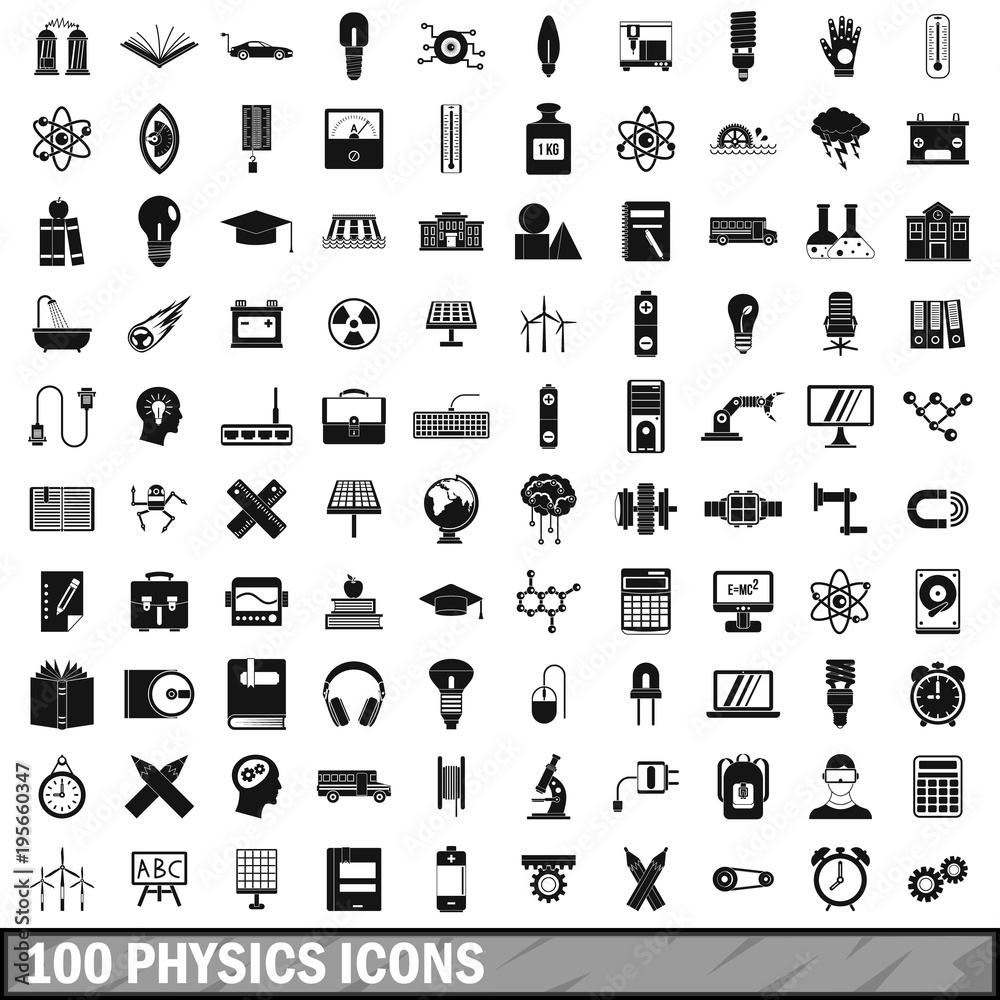100 physics icons set, simple style 