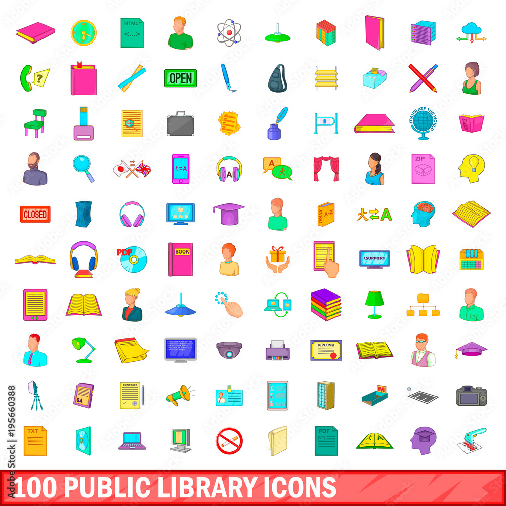 100 public library icons set, cartoon style 100 public library icons set, cartoon style