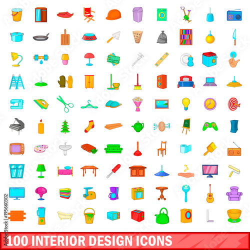 100 interior design icons set, cartoon style