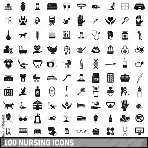100 nursing icons set, simple style 