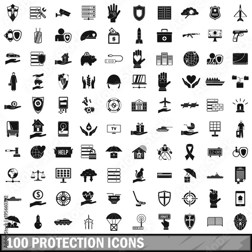 100 protection icons set, simple style 