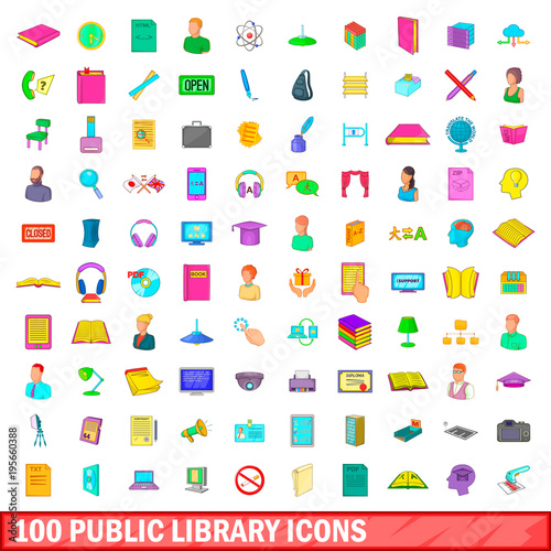 100 public library icons set, cartoon style