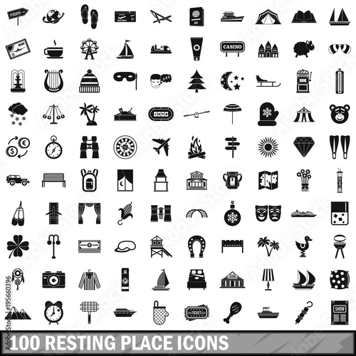 100 resting place icons set, simple style 