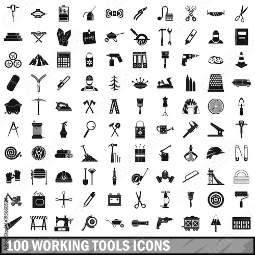 100 working tools icons set, simple style 