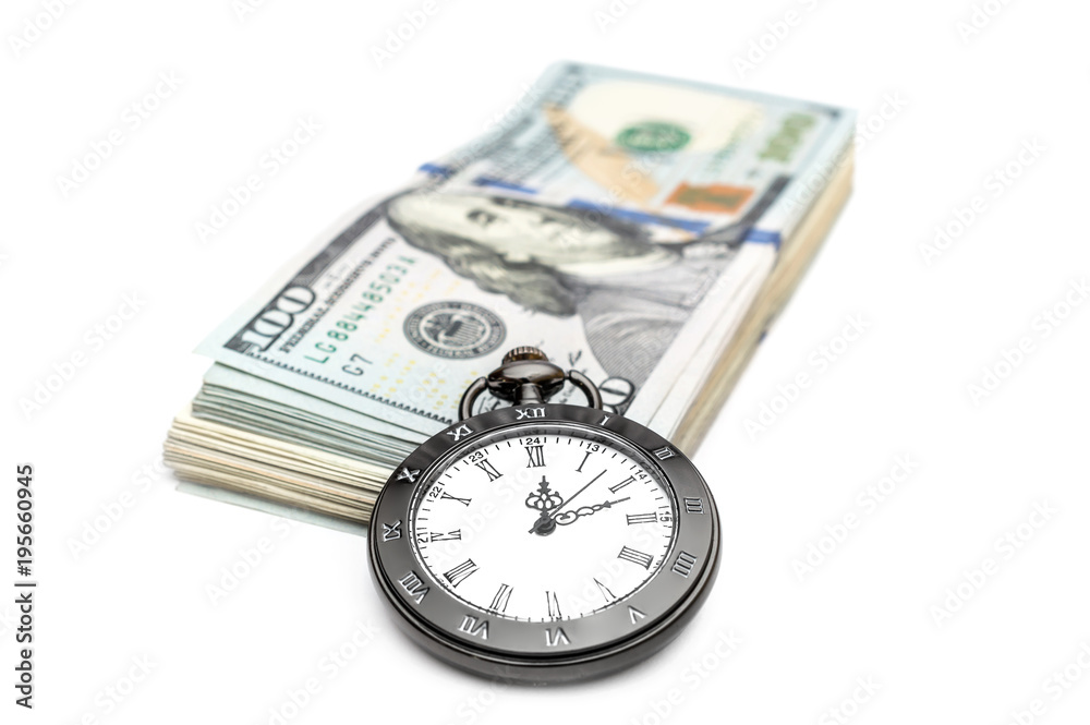 Pocket watch with heap of money on white background. Pocket watch with heap of money on white background.