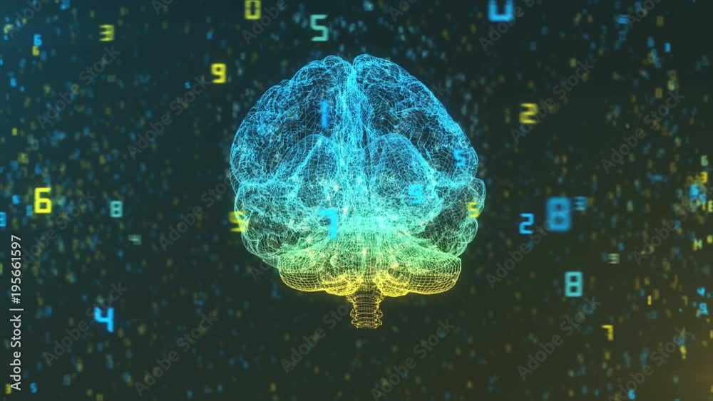3D Render of brain in wireframe in cloud of digital information illustrating computer and AI concepts