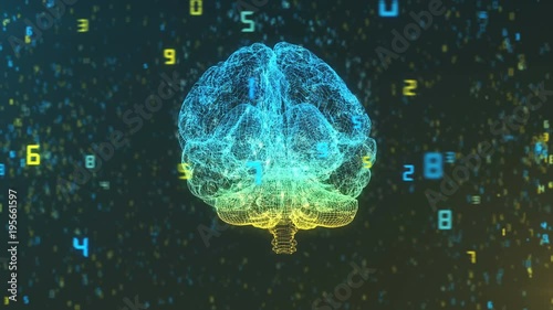 3D Render of brain in wireframe in cloud of digital information illustrating computer and AI concepts