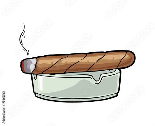 Smoking cigar and ashtray. Vector vintage engraving color illustration