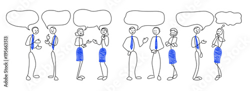 Stick people figures with speech bubbles. Communication concept. Doodle style men and women are talking. Vector illustration set