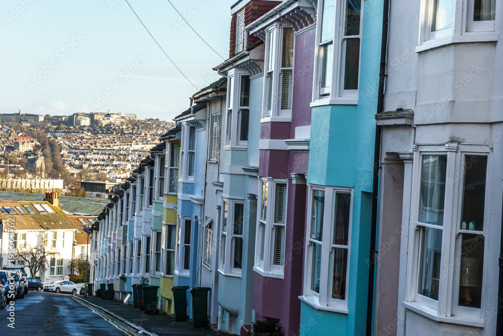 Street of terraced houses on hill side