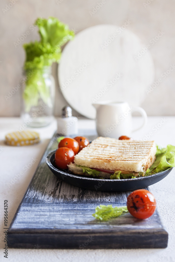 Delicious Breakfast with toast and grilled vegetables. Close up. Vertical.