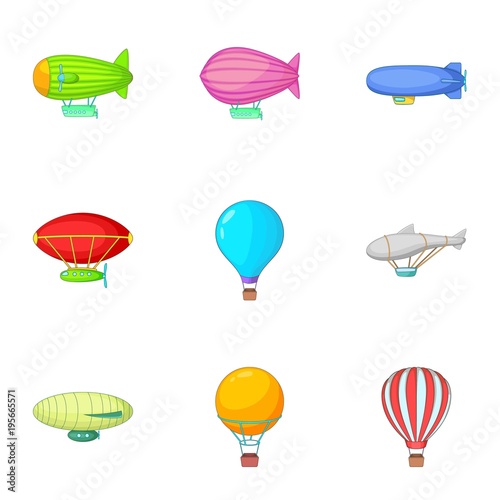 Types of airship icons set, cartoon style