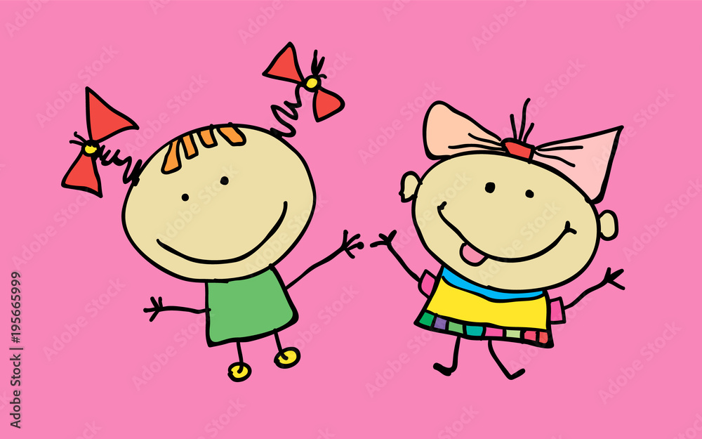 Hand drawn beautiful cute little girls best friends. T-shirt graphic.  cartoon character. vector Stock Vector | Adobe Stock
