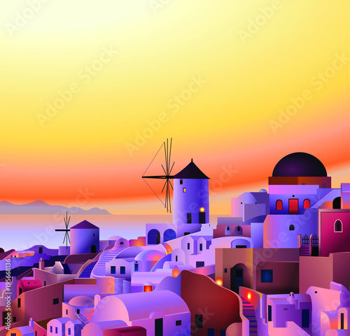 Vector Greece island summer sunset landscape
