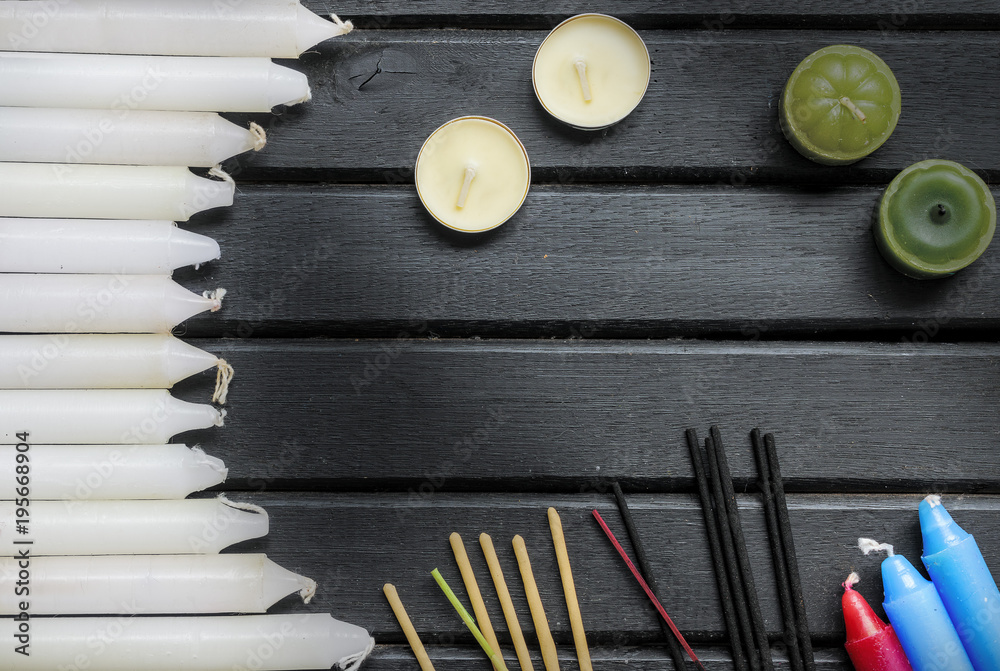 custom made wallpaper toronto digitalWhite stick candles and round scented clandes, with many incense sticks on top of a black wooden background